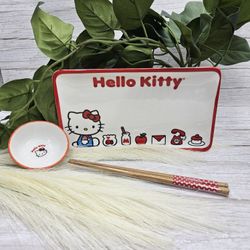 Hello Kitty red and white Ceramic Sushi Plate Set nib. approximately sushi dish 8.7" x 4.8 in, sauce dish round 2.95" safe for microwave and dishwashe