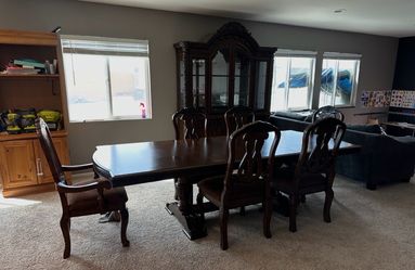 Dark Wood Dining Table Set with Chairs and Hutch