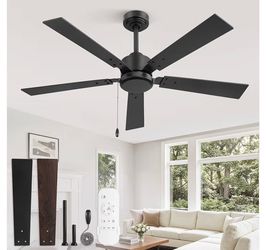 New Box 52 Inch Ceiling Fan No Light with Pull Chain, Modern Ceiling Fan without Lights, 6-Speeds, Quiet DC Motor, Remote Control, Black Ceiling Fan f