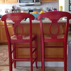 Pottery Barn Bar Stools Red Wood Wicker Two Only 