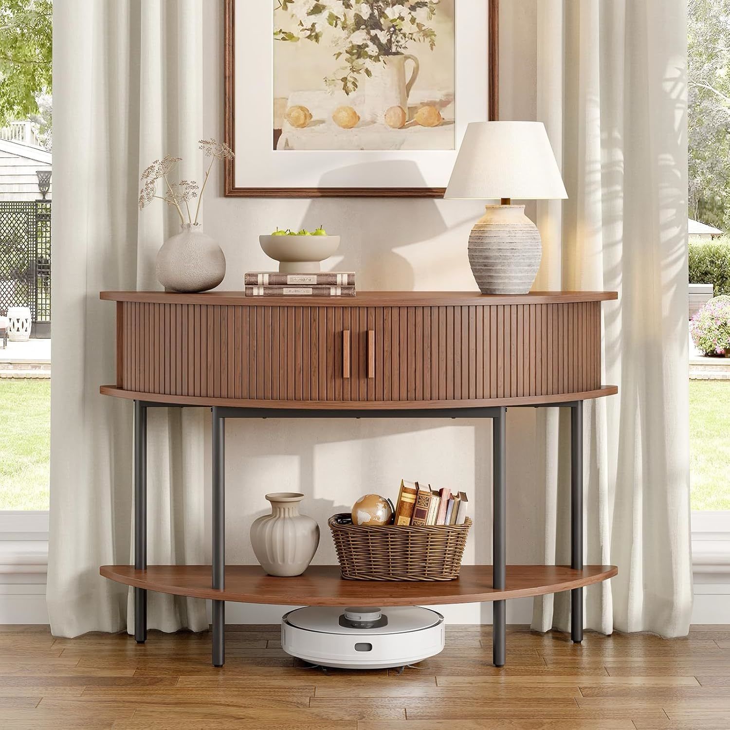 Half Moon Fluted Console Table, Entryway Table with Storage, Mid-Century Modern Sofa Tables, Behind Couch Tables, for Entryway, Hallway, Liv