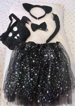 NEW !5Pcs Black Cat Costume Set Include Black Cat Ears Tail Bow Tie Tutu Skirt
