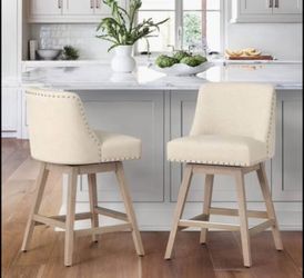 26 Inch Bar Stools Set of 2, Beige Swivel Counter Stools with Back, Linen Fabric Upholstered Barstoo