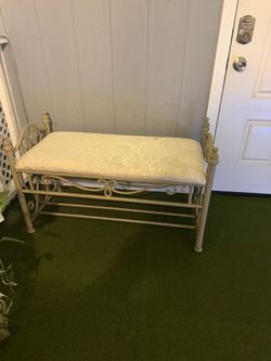 Ornate Metal Bench with Upholstered Seat