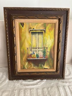 Weller Framed Realism Oil Painting of Window and Balcony Scene on Canvas