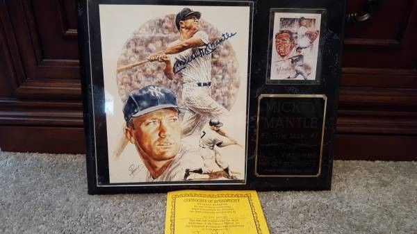 Mickey Mantle autographed photo mounted on plaque with coa