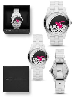 Marc by Marc Jacobs Miss Marc watch features a white plastic strap and a playful cartoon dial