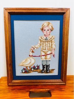 VTG Framed Victorian Boy Cross Stitch with Country Goose