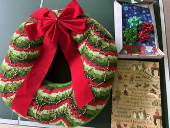Large Handmade Beaded Puffy Christmas Wreath w Removable Red Bow Ribbon FREE wrapping paper & bows