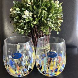 Murano-Style White Cristal Brand Muliti Colorful Stemless 16oz Wine Glass Set Made in Italy NWT