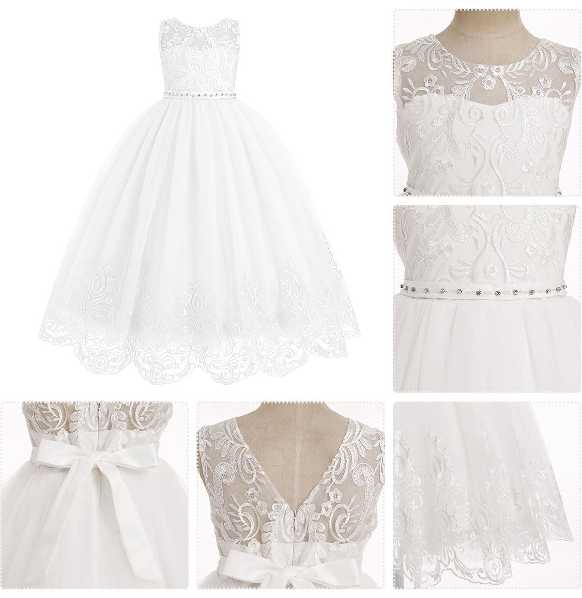 Girls White Flower Girl/First Communion Dress - Size 8