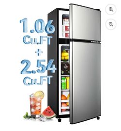 GGTB 3.5 Cu.ft Double Door Refrigerator with Freezer, 6-Level Thermostat, LED Light, Adjustable Shelves for Dorm Bedroom Office Apartment, Silver