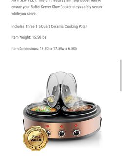 MegaChef Round Triple 1.5 Quart Slow Cooker and Buffet Server in Brushed  Copper and Black Finish with 3 Ceramic Cooking Pots and Removable Lid Rests