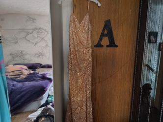 Stunning Rose Gold Shoes And Dress Perfect For Special Accessions It Has Beautiful Sequins On It It Is A Size 8 And The Shoes Are A Size 7/2 .
