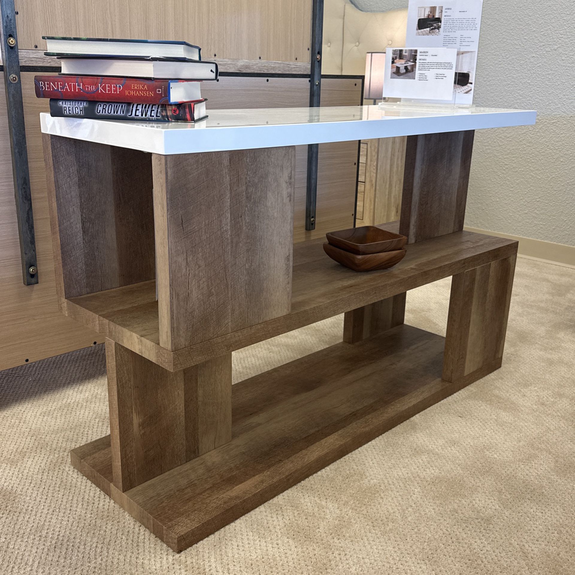 ✅Sofa Table Tv contemporary Console Table Ample Storage, Solid, Wood, Two-Tone Design, High Gloss Lacquer (In Store Item