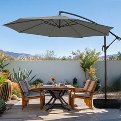 2253c $90  10ft Patio Umbrella with Base Included, Outdoor Offset Cantilever Umbrella with Sandbag Base for Backyard, Garden and Pool, Easy to Tilt an