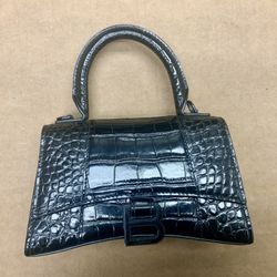 Balenciaga Black Croc Embossed Leather Hourglass Small Luxury Brand Bag Handbag B Logo XS Crossbody Monochrome