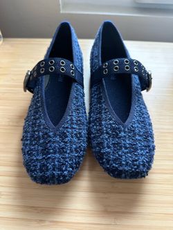 Rothy's Navy Blue Tweed Sparkle Mary Jane Flats with Buckle (NWT)