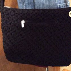 The Sak Crochet Black Cross Body Shoulder Bag Purse.  Measures 12”x9”x3”