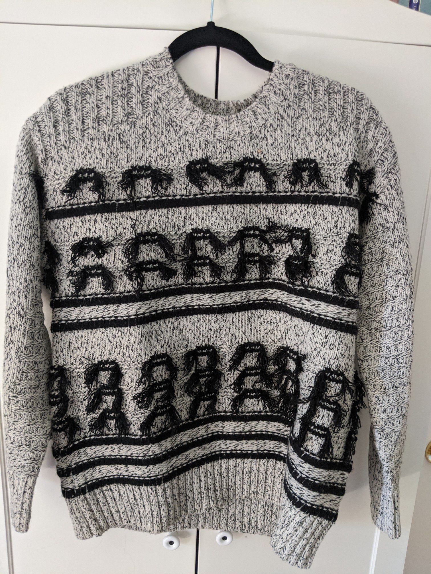 Current/Elliott Sweater Medium Gray Jacquard Fringe Wool Sweater