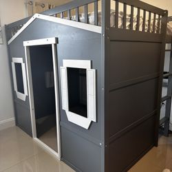 Full Size Wood House Loft Bed with Ladder