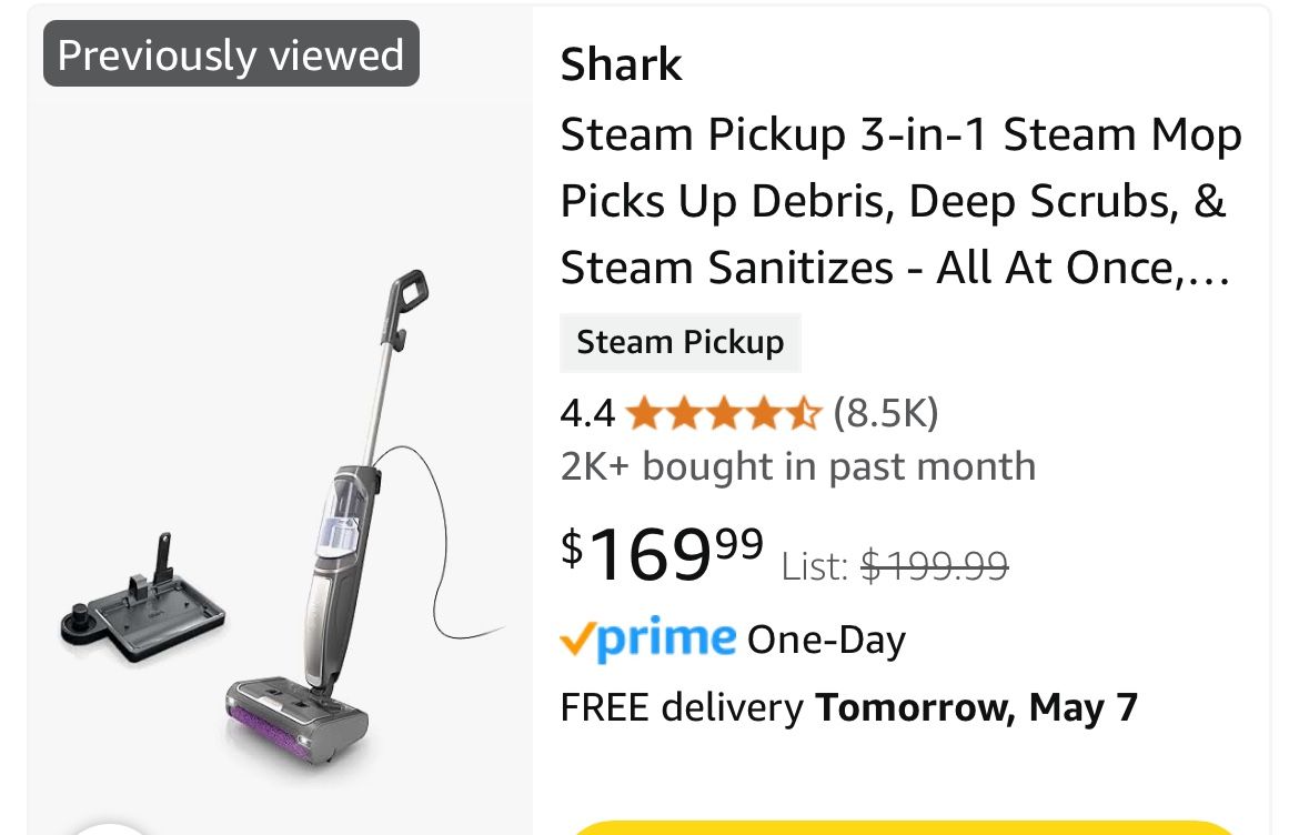 Shark Steam Pickup 3-in-1 Steam Mop Picks Up Debris, Deep Scrubs, & Steam Sanitizes - All At Once, Lightweight Steam Cleaner for Home with Sealed Hard