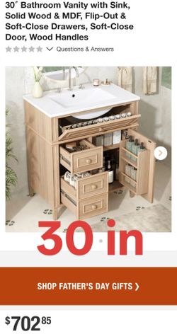 30″ Bathroom Vanity with Sink, Solid Wood & MDF, Flip-Out & Soft-Close Drawers, Soft-Close Door, Wood Handles
