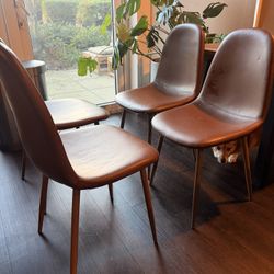 Set of 4 Modern Dining Chairs – Brown Faux Leather, Wood Legs