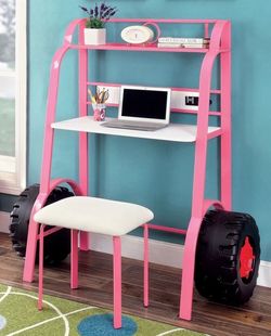 Furniture of America Pink Racing Desk with Stool, USB & Power Outlet