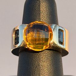 14k solid yellow gold Natural round 10CT yellow Citrine & 1.25CTW Blue Topaz Emerald cut stone lady’s ring Sz6.75