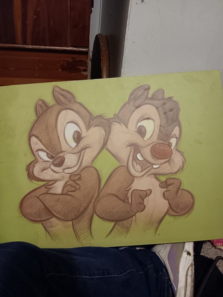 Walt DISNEY WALL PAINTING Of Chip & Dale ON CANVAS 23×16