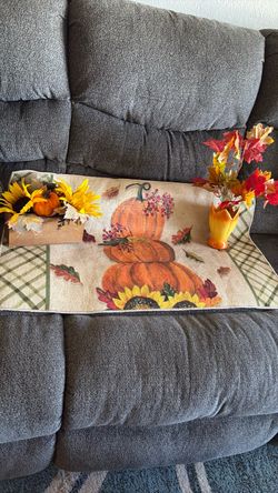 Fall Harvest Pumpkin 31” rug and two harvest table decors