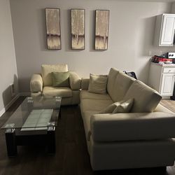 White Italian Leather Couch Set And Table