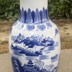 Beautiful Blue and White Tall Vase with Chinese Landscape Design - 24”  