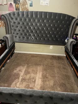 Gray Velvet Tufted Wingback Bed Van Frame With wooden Slats