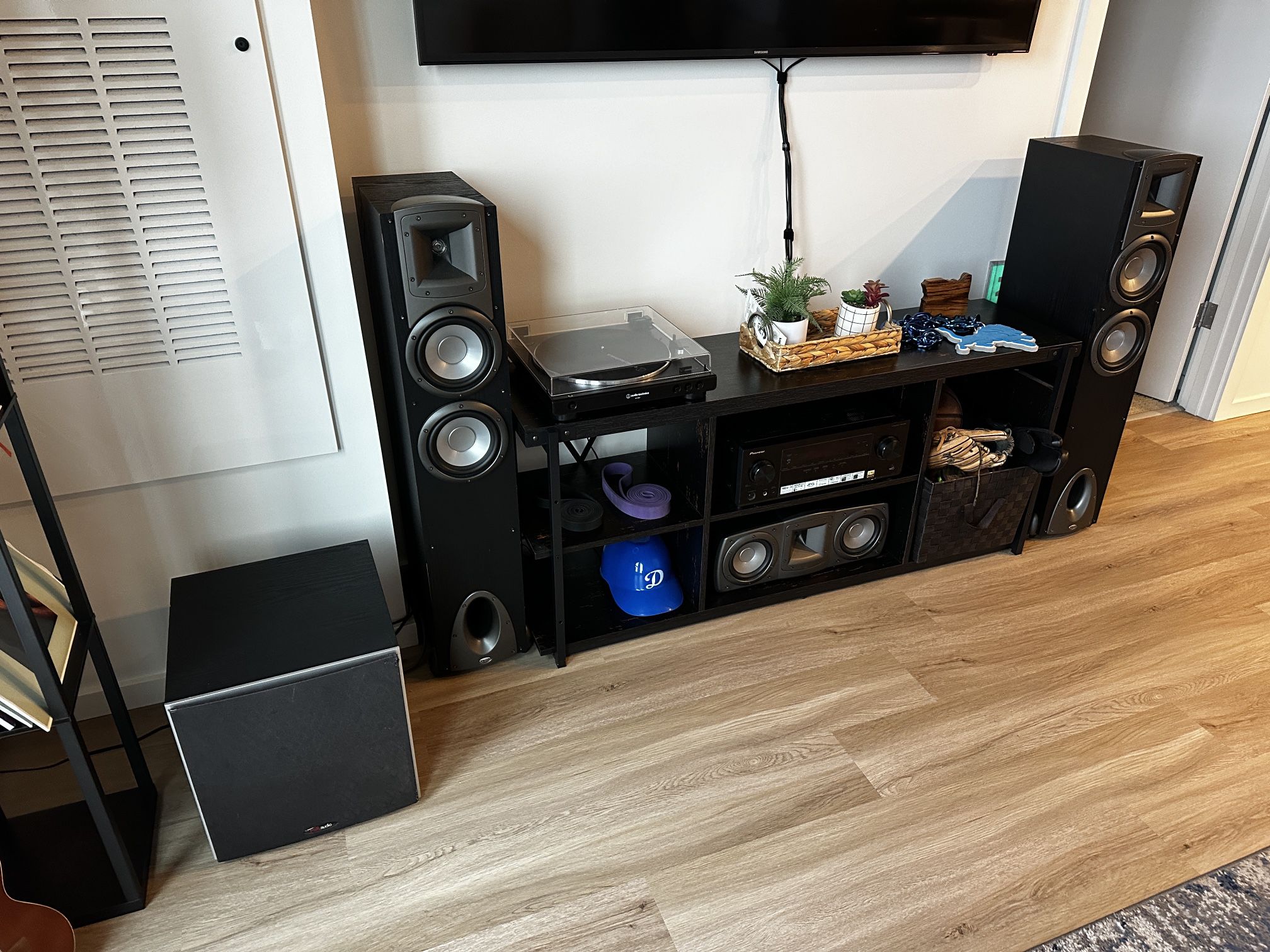 Speakers and Subwoofer with Receiver and Cabling