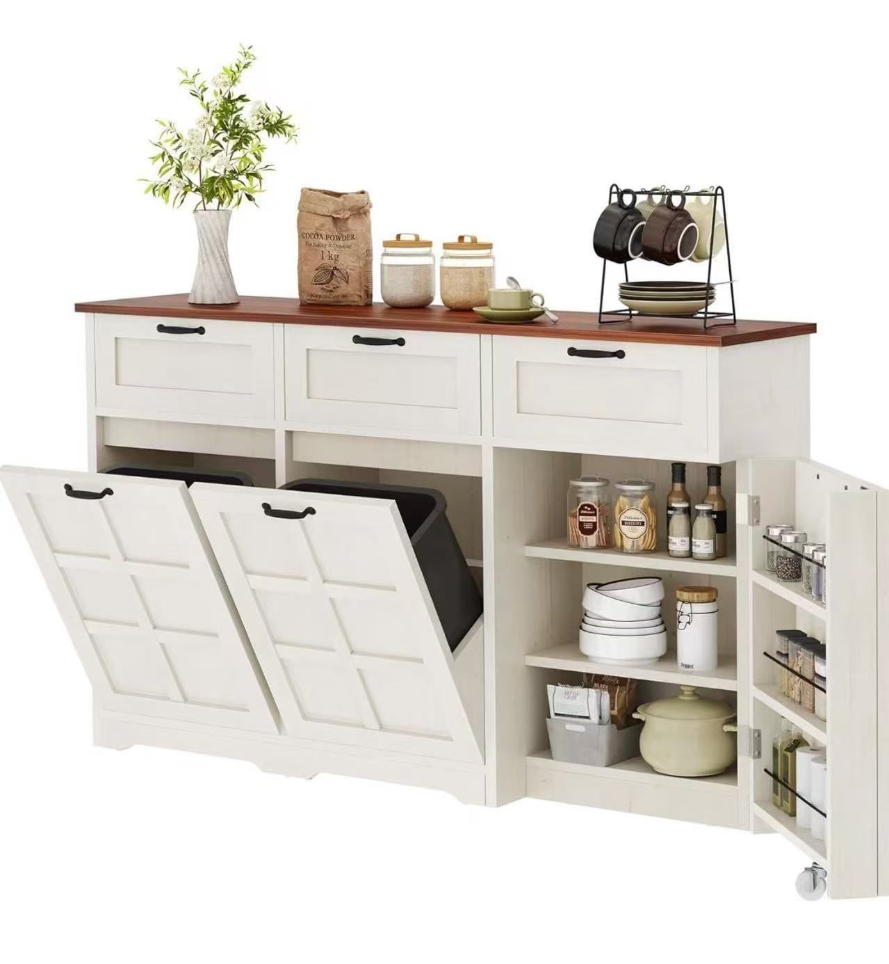 Double Trash Bin Kitchen Island with Tilt Out Trash Can Storage