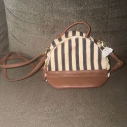 Striped Round Canvas Crossbody Bag Beige Navy Zip Brown Detachable Strap
