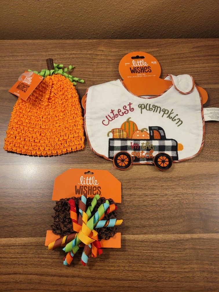 Pumpkin Fall Baby Bib, Headband And Hat All For $5