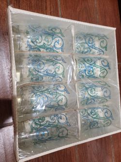 Vintage MCM NOS Libbey Turquoise Aqua Atomic High Ball Glasses Set