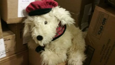 Stuffed Christmas dog for the beanie hat red and green head and neck scarf with bells tan dog