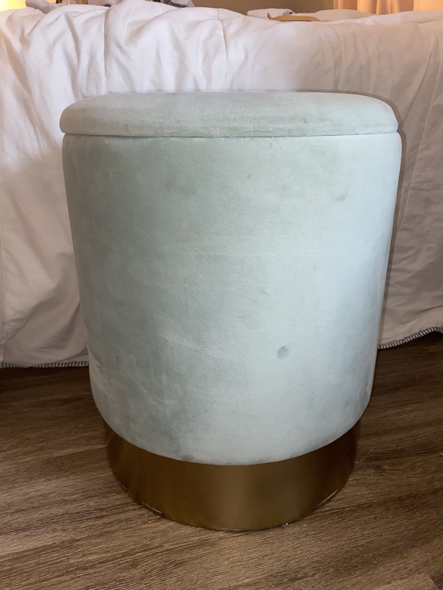 Light Blue Velvet Ottoman with Gold Base