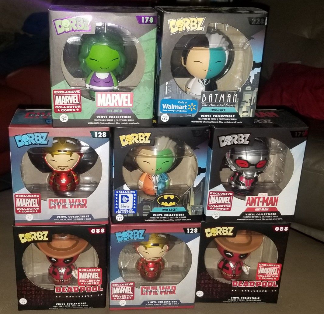 FUNKO DORBZ EXCLUSIVES MARVEL CORP DC LEGIONS WALMART IRONMAN DEADPOOL BATMAN SHE HULK TWO-FACE + MINI