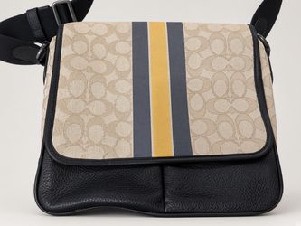 Coach Signature Canvas Messenger Bag – Varsity Stripe (Gray/Yellow) Black Leather Trim