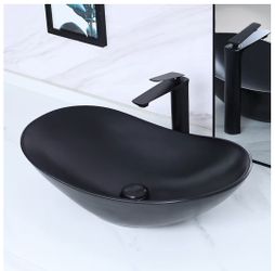 7382: New 24.5'' X 13.8'' Large Matte Black Oval Vessel Sink with Pop Up Drain,Boat Shape Bathroom Vessel Sink,Bathroom Sinks Above Counter,Matte Blac