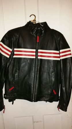 Mens Black leather jacket red white line on it medium size