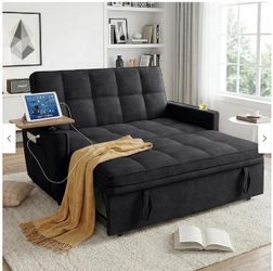 #654-54" Sleeper Sofa Bed, Convertible Pull Out Couch Futon with USB and Side Table