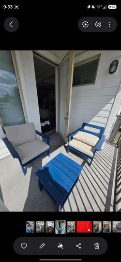Blue Outdoor Patio Chair Set with Coffee Table and 10ft Solar Powered Umbrella (comes with sand)