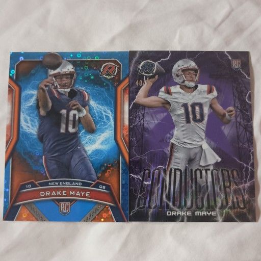 Drake Maye 2024 Topps Resurgence Football Blue/Orange Spark Rookie + Drake Maye 2024 Topps Resurgence Football Purple Surge Conductors Rookie 40/75