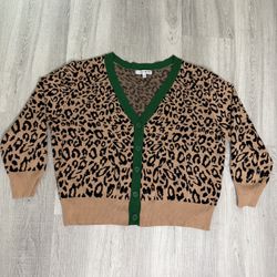 Love Trend New York cheetah print cardigan green trim neckline sz Large NWOT
